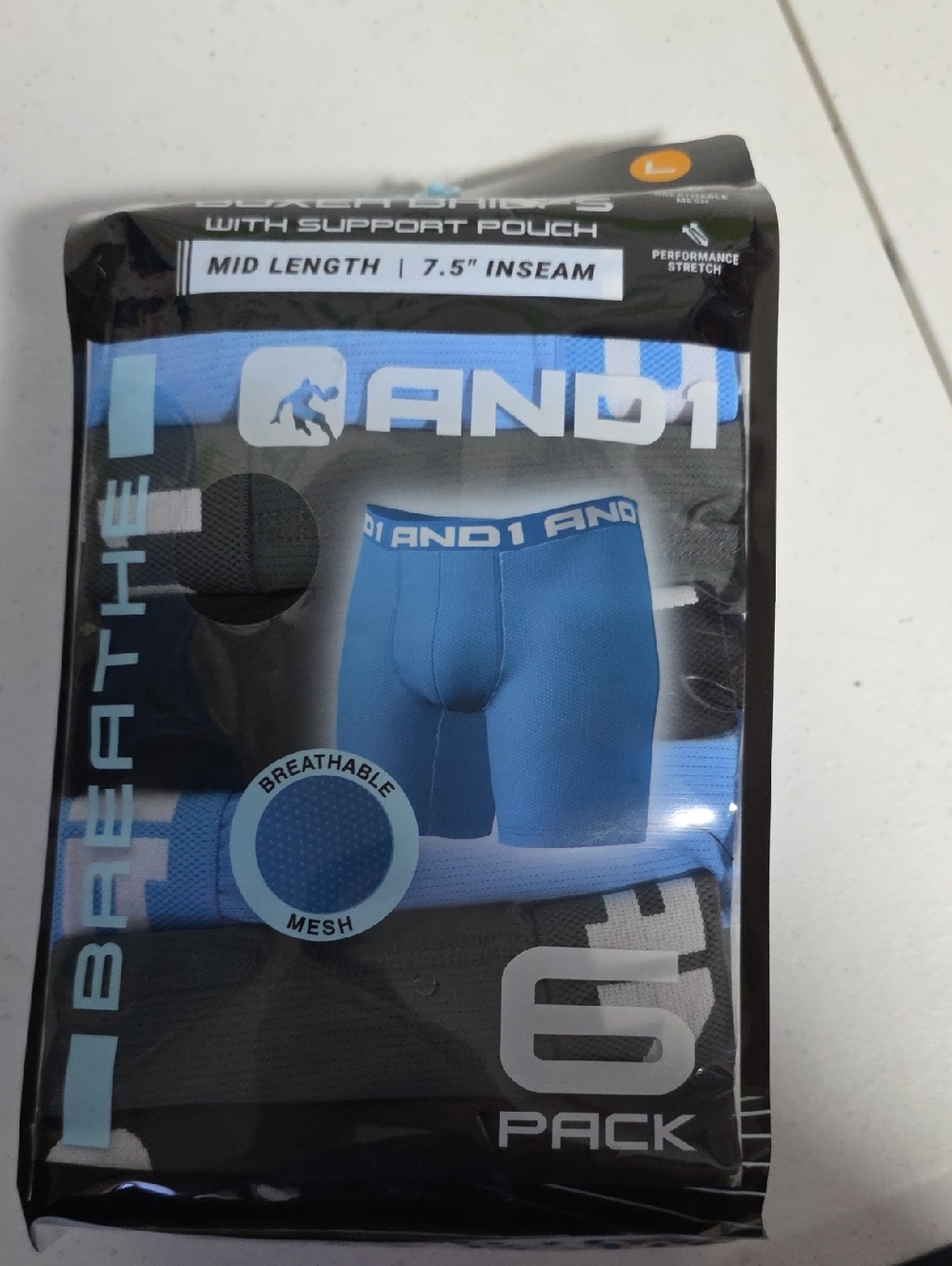AND1 Blue and Black Mid-Length Performance Boxer Briefs - 6 Pack